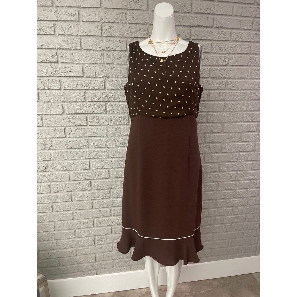 Courtenay Women Brown & White Sleeveless Polka Dot Flutter Hem Dress Size 10
